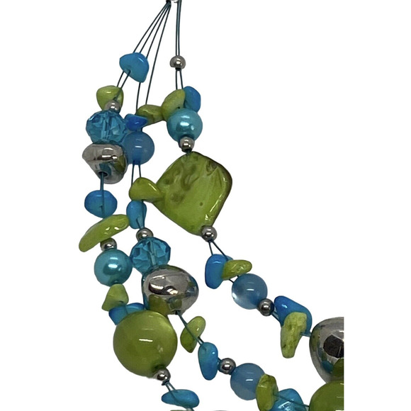 Multicolored Turquoise Stones Green Beads Three Strand Necklace Handcrafted - Picture 4 of 15